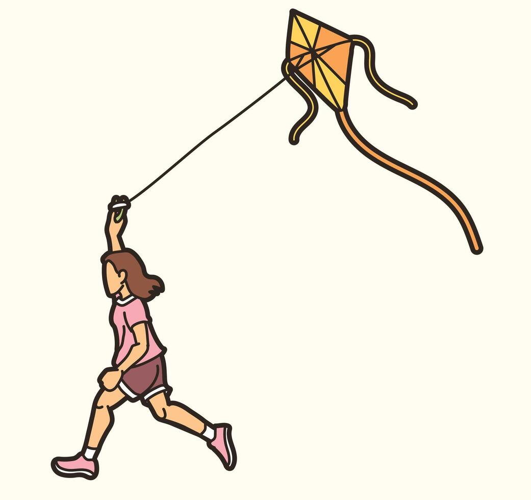 A Girl Running Fly a Kite vector