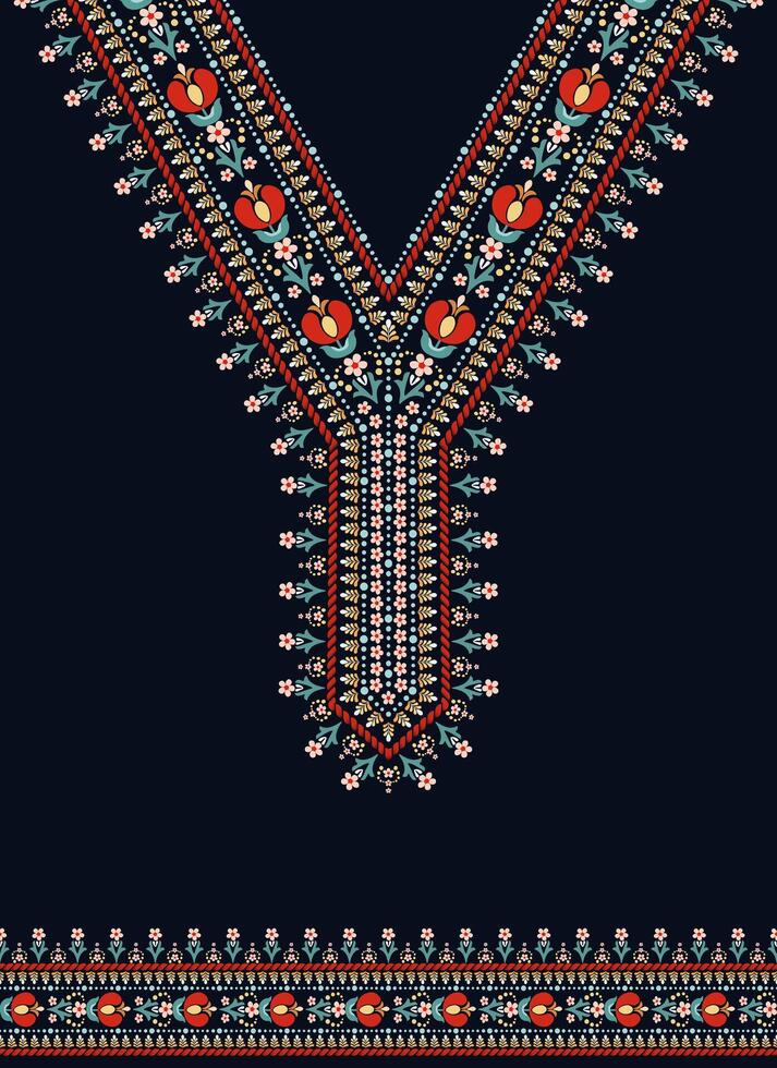 Floral Scandinavian folk art neckline pattern design with dark blue background vector
