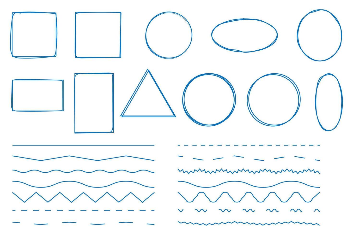 Hand drawn different frames and zigzag lines in doodle style sketch of graphic elements. vector