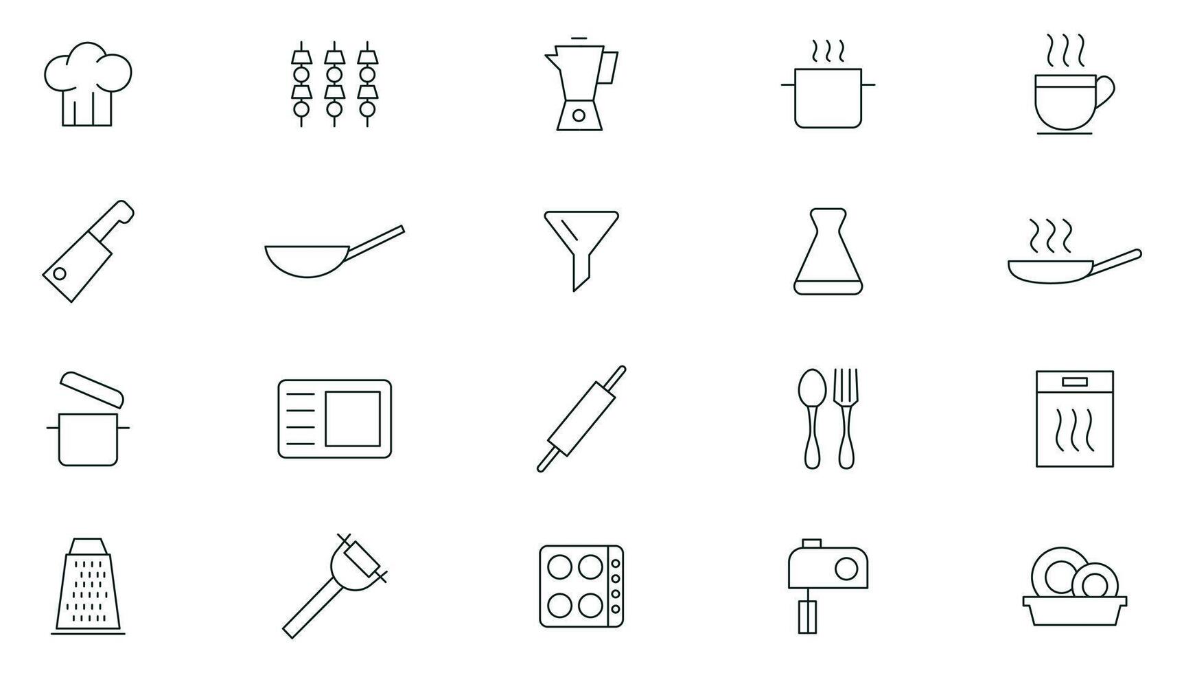 Kitchen and cooking line icons set. Recipe book, chef hat and cutting board, frying pan and Kitchen utensils. Fork, spoon and knife line icons. Outline icon collection. Thin outline icons pack. vector