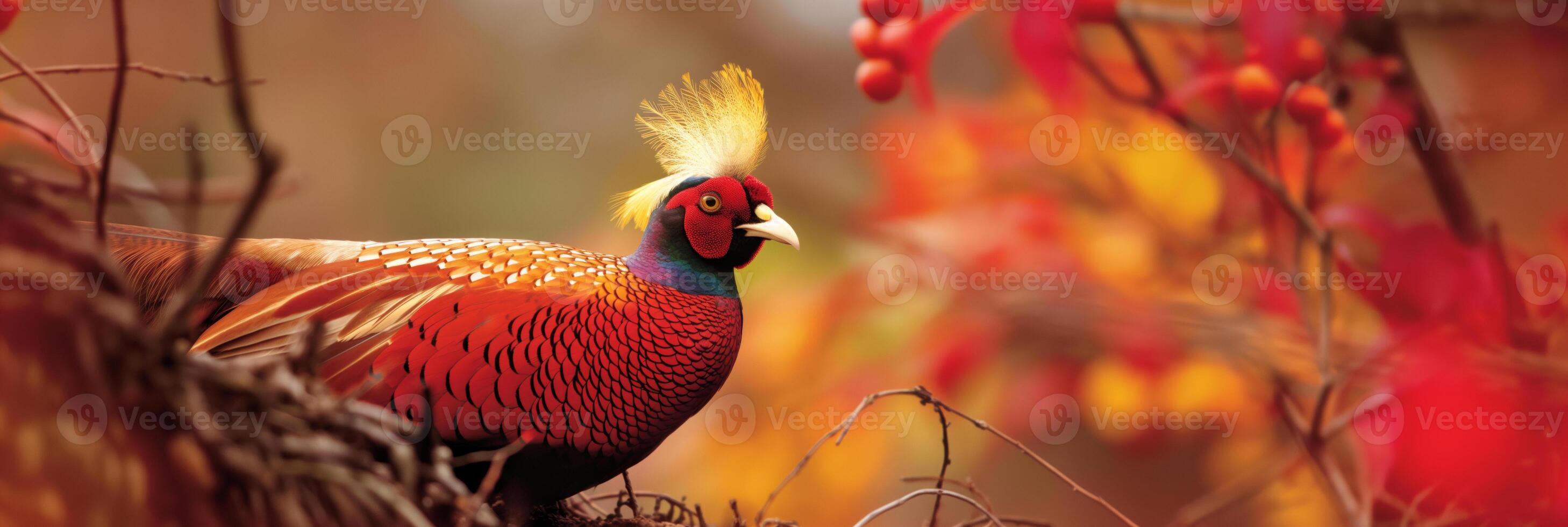 Golden Pheasa. A Phasianidae bird perches on a tree branch in a natural landscape photo