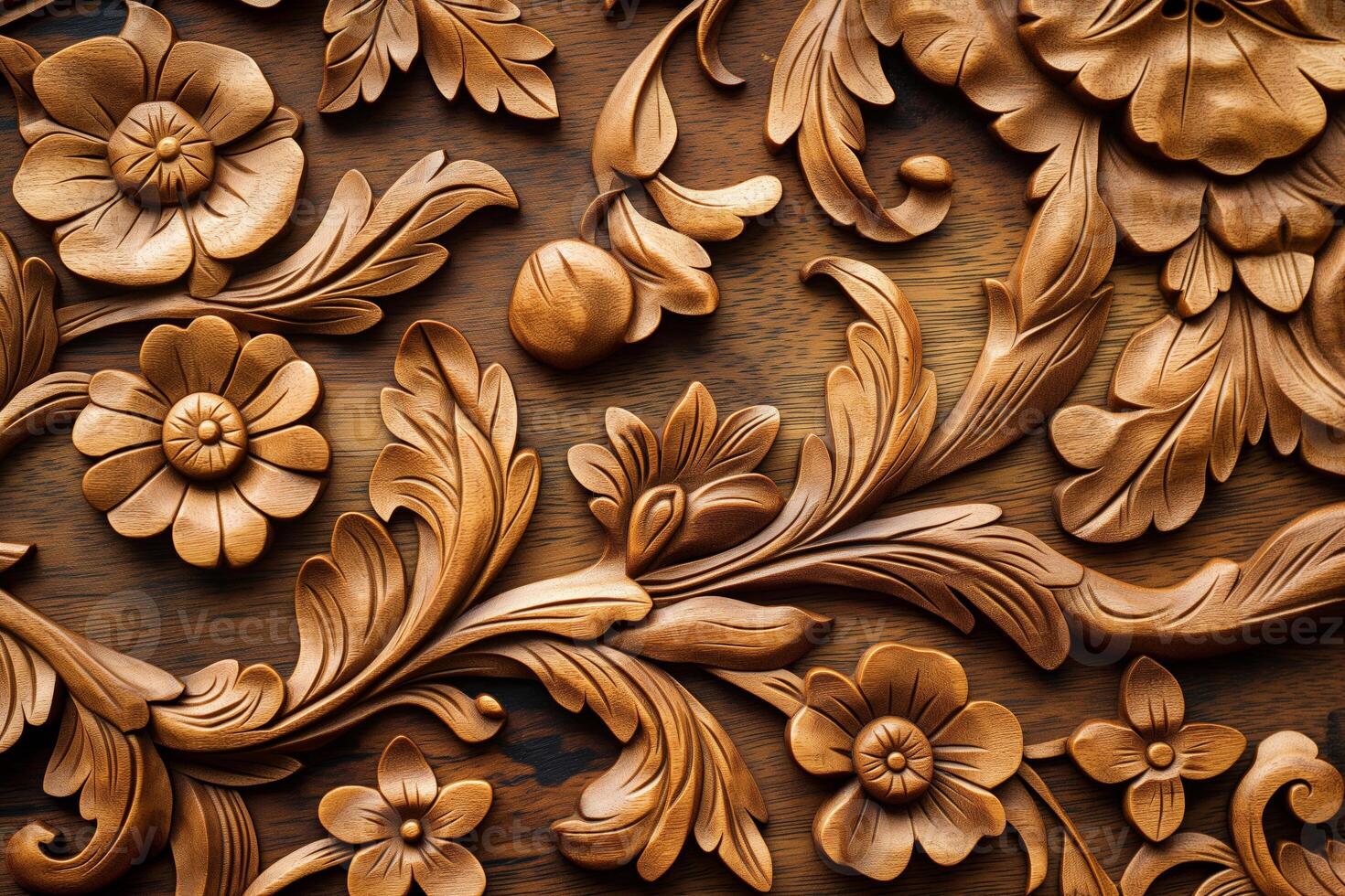 Wood carving of flowers and leaves on a wooden surface, intricate art pattern photo