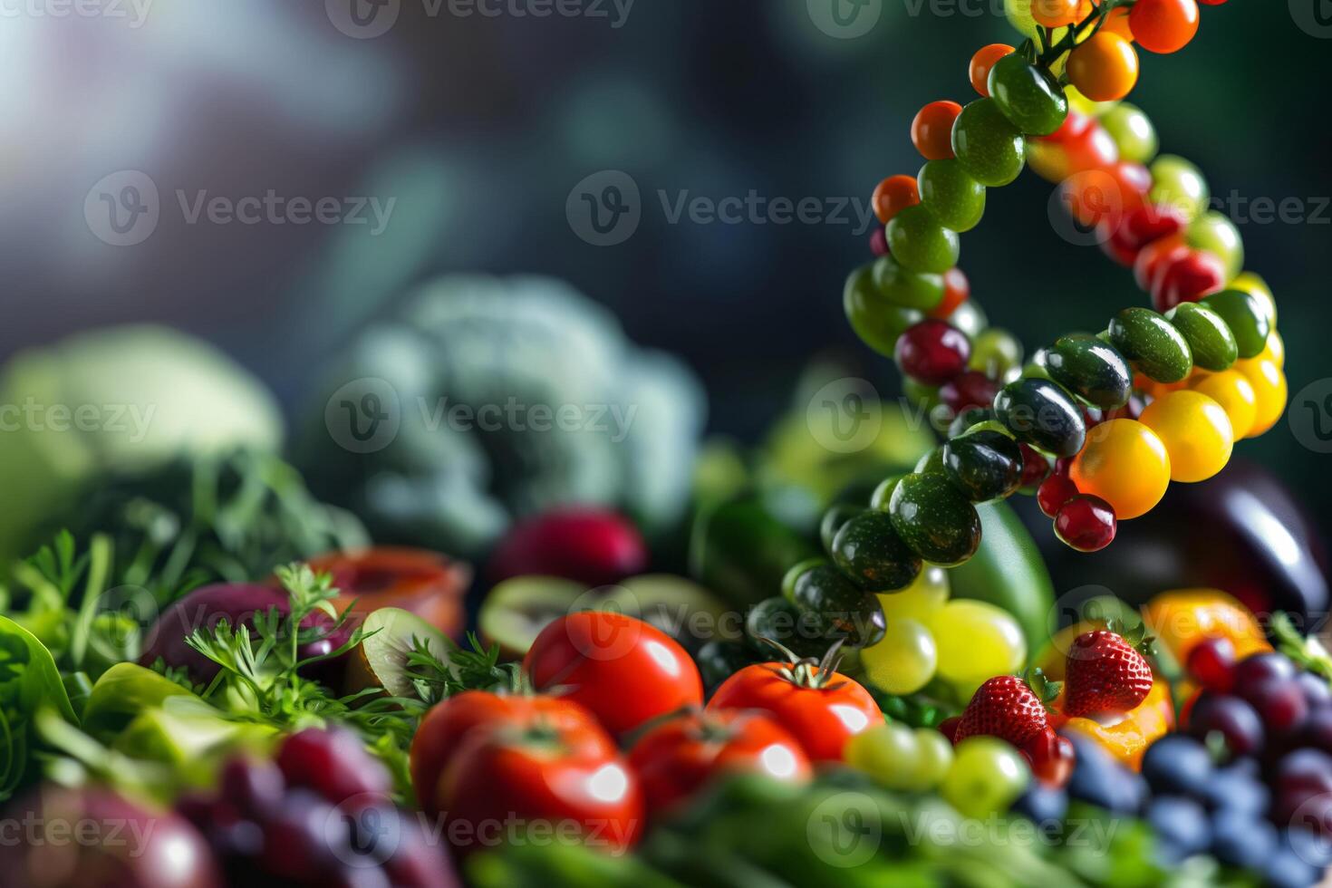 Biohacking. Natural foods like grapes and tomatoes are essential ingredients in many dishes photo