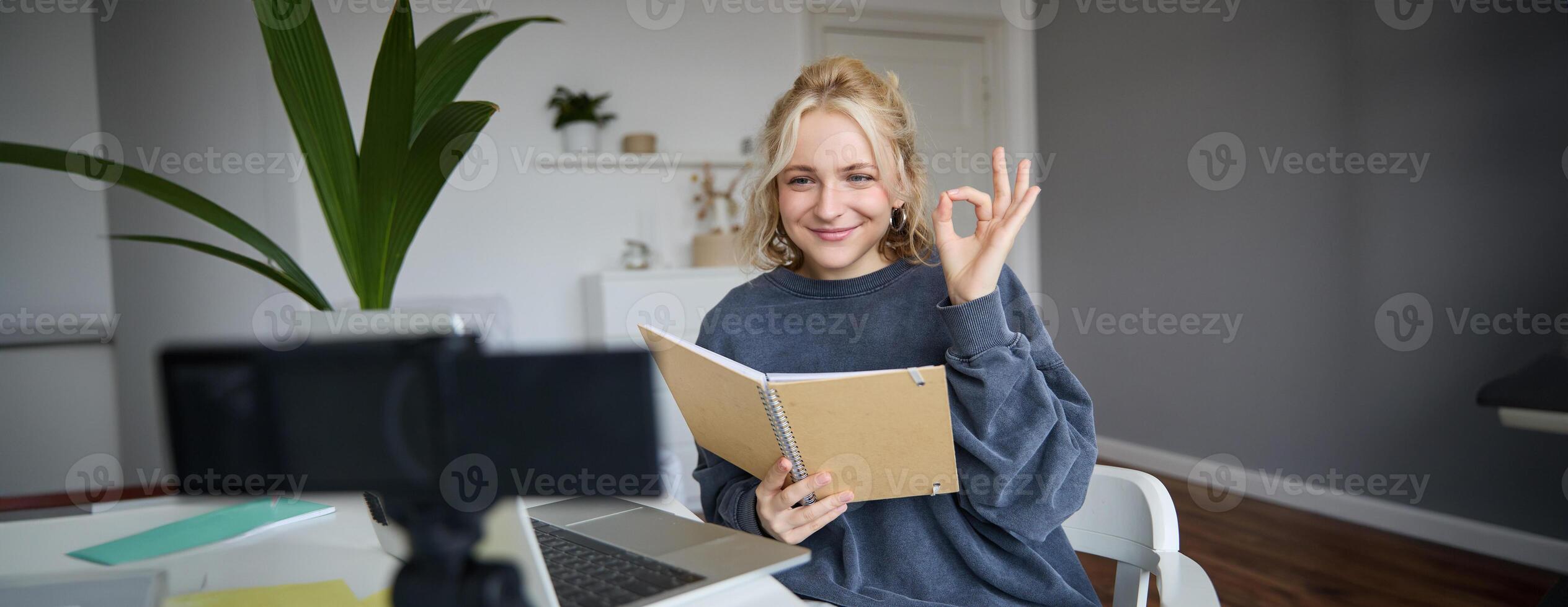Portrait of smiling young woman, holding notebook, showing okay, ok sign, looking at digital camera, recording , creating content photo