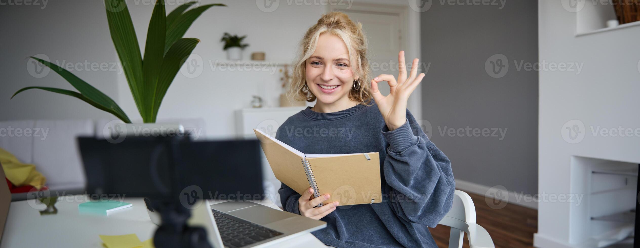 Portrait of smiling young woman, holding notebook, showing okay, ok sign, looking at digital camera, recording , creating content photo