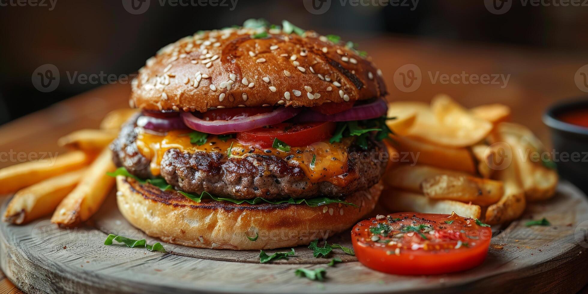 Closeup shot of a hamburger on a wooden cutting board photo
