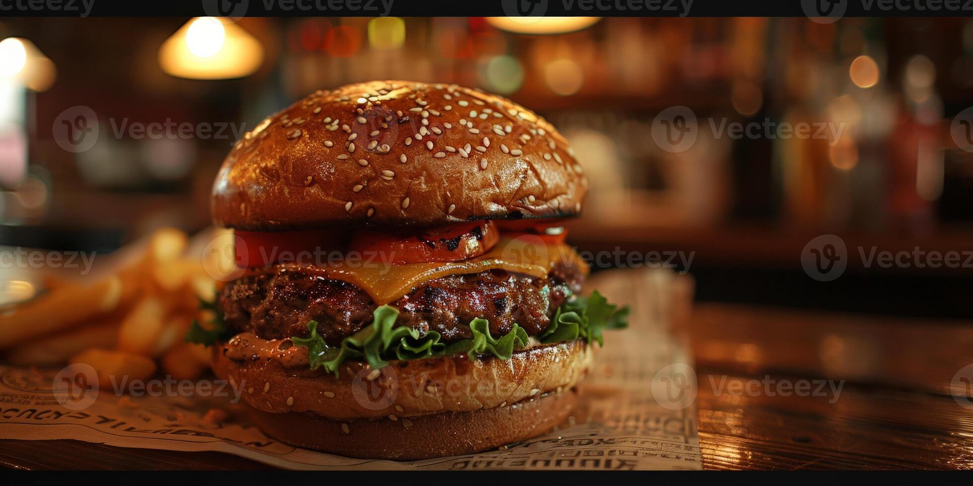 Closeup shot of a hamburger on a wooden cutting board photo