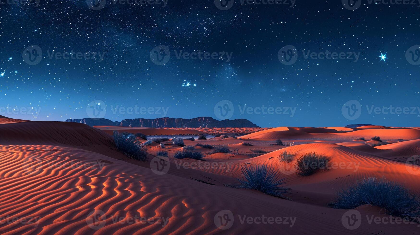 Stars trailing in the night sky over a silent desert photo