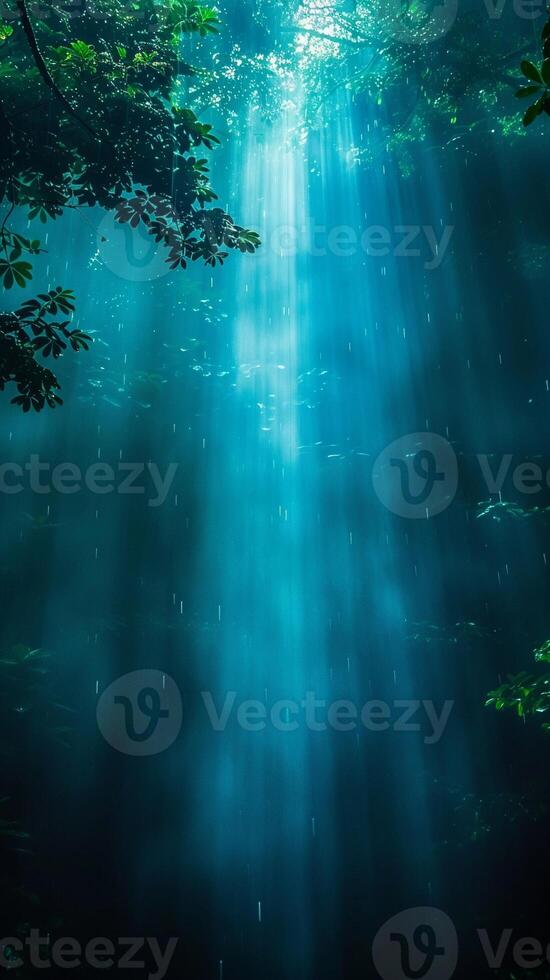 Sunbeams through heavy rain clouds photo
