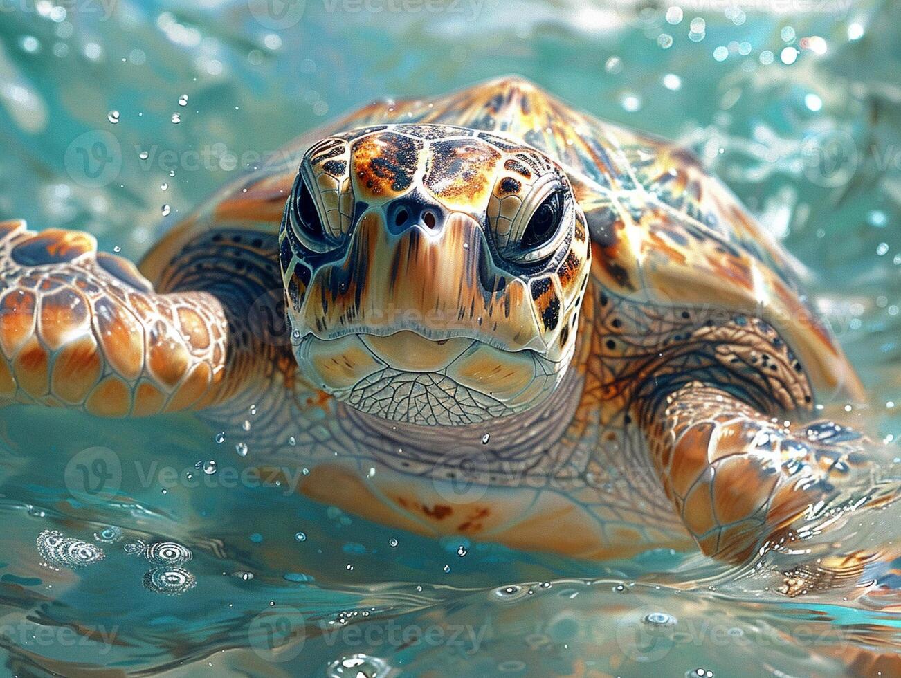Underwater view of a swimming turtle photo