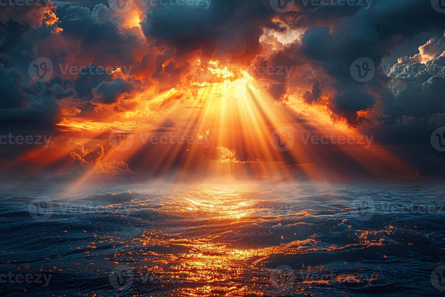 Sunbeams breaking through dark clouds after a storm photo