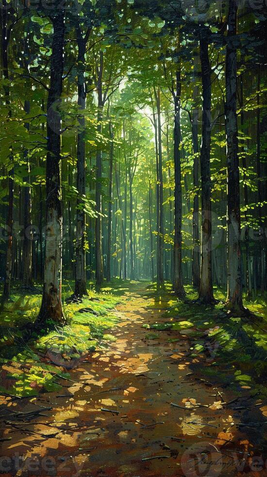 Shadows cast by a forest canopy on a woodland floor photo