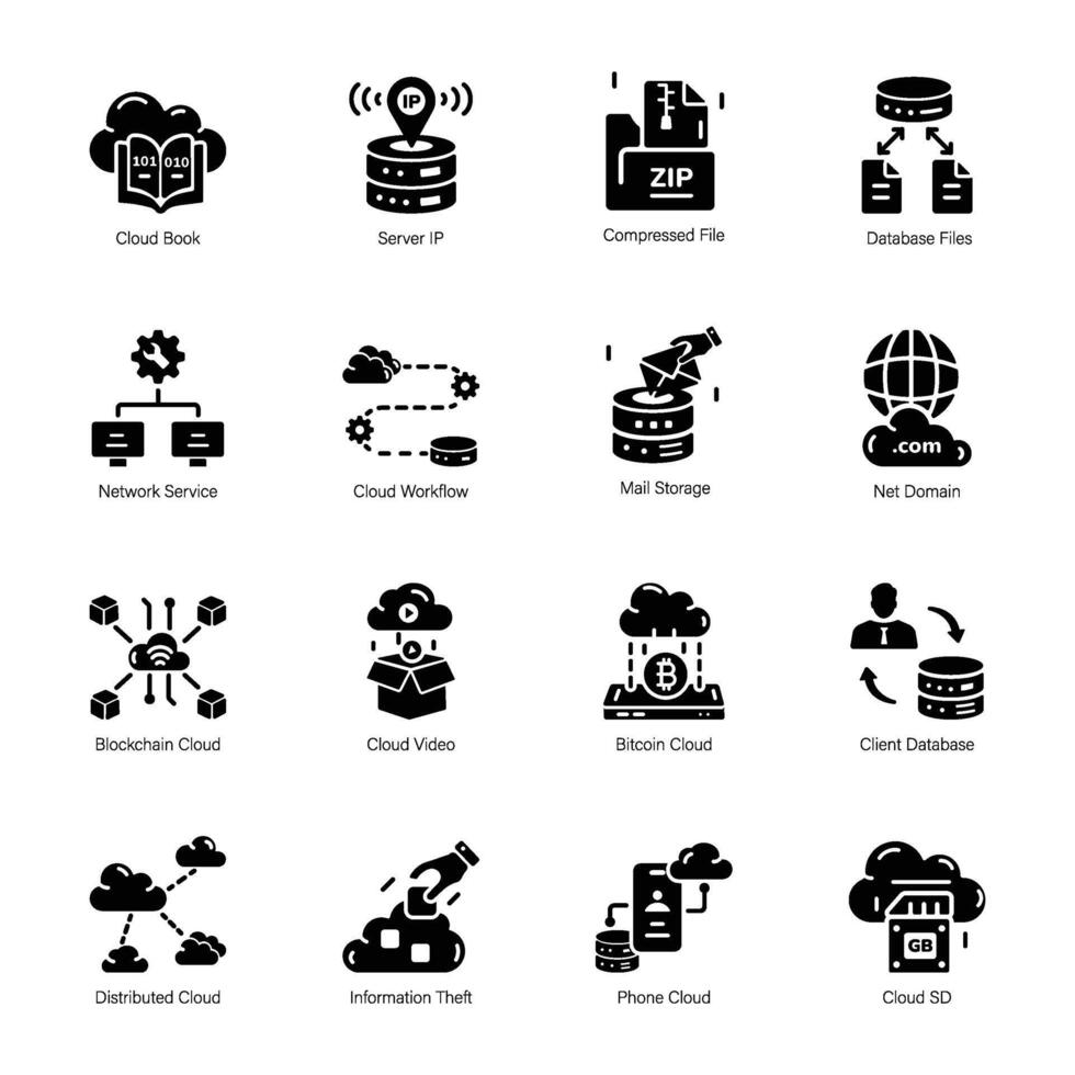 colección de nube servicios glifo íconos vector