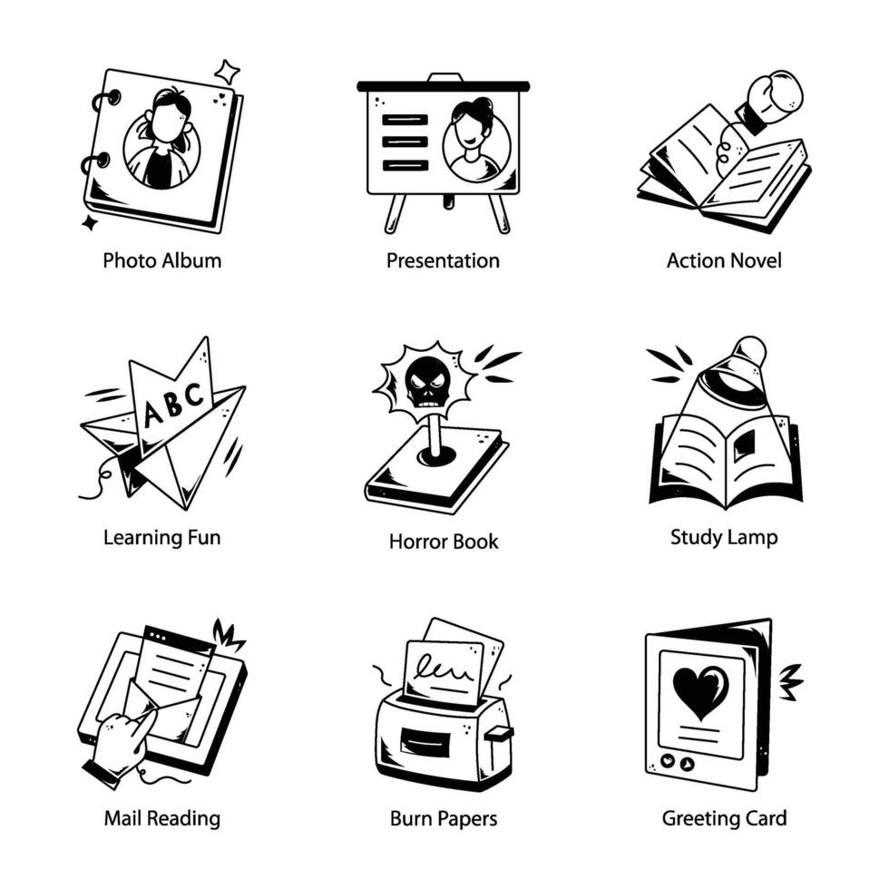 Bundle of Reading Resources Doodle Icons vector