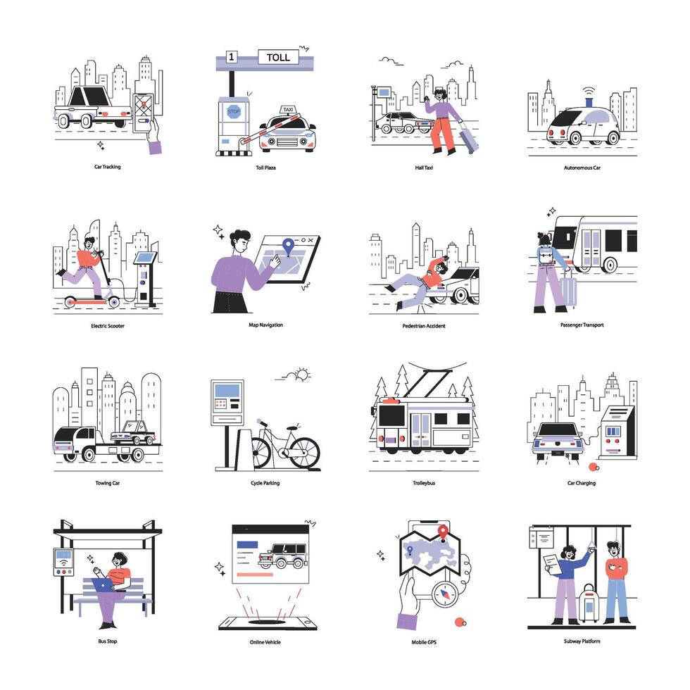 último colección de dieciséis público transporte lineal ilustraciones vector