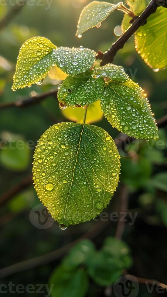 Glistening dew on fresh green leaves photo