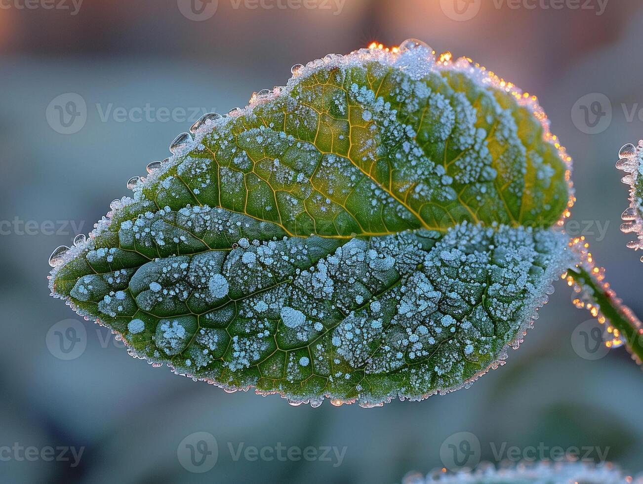 Frost patterns on a leaf in early morning photo