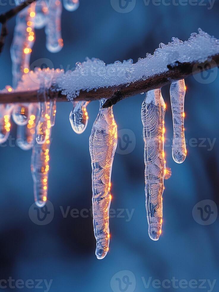 Frozen icicles hanging from a branch photo