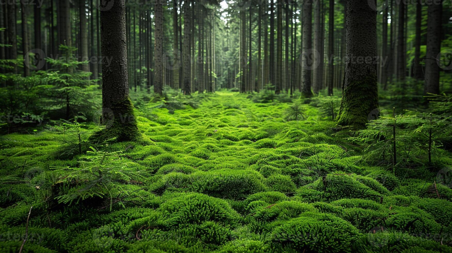Lush green forest floor covered in moss photo