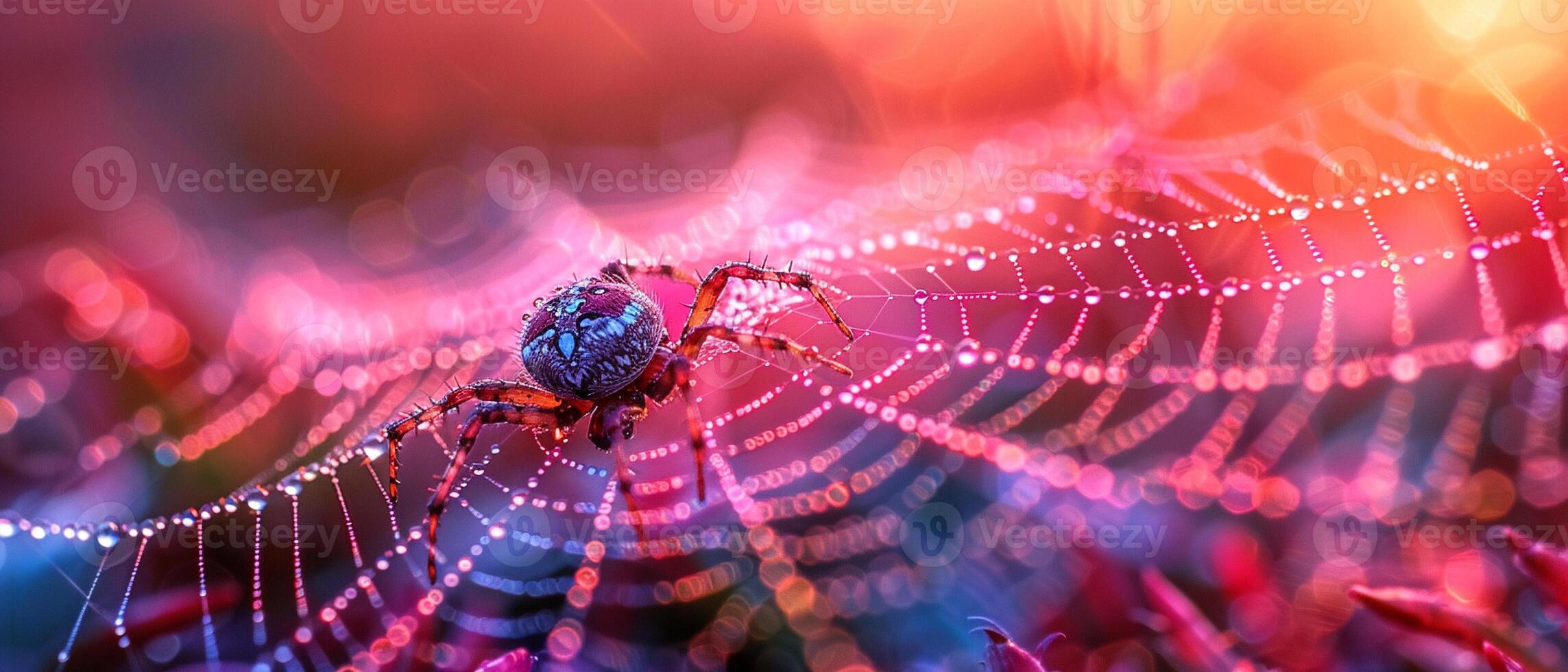 Macro shot of dew on a spider web at dawn photo