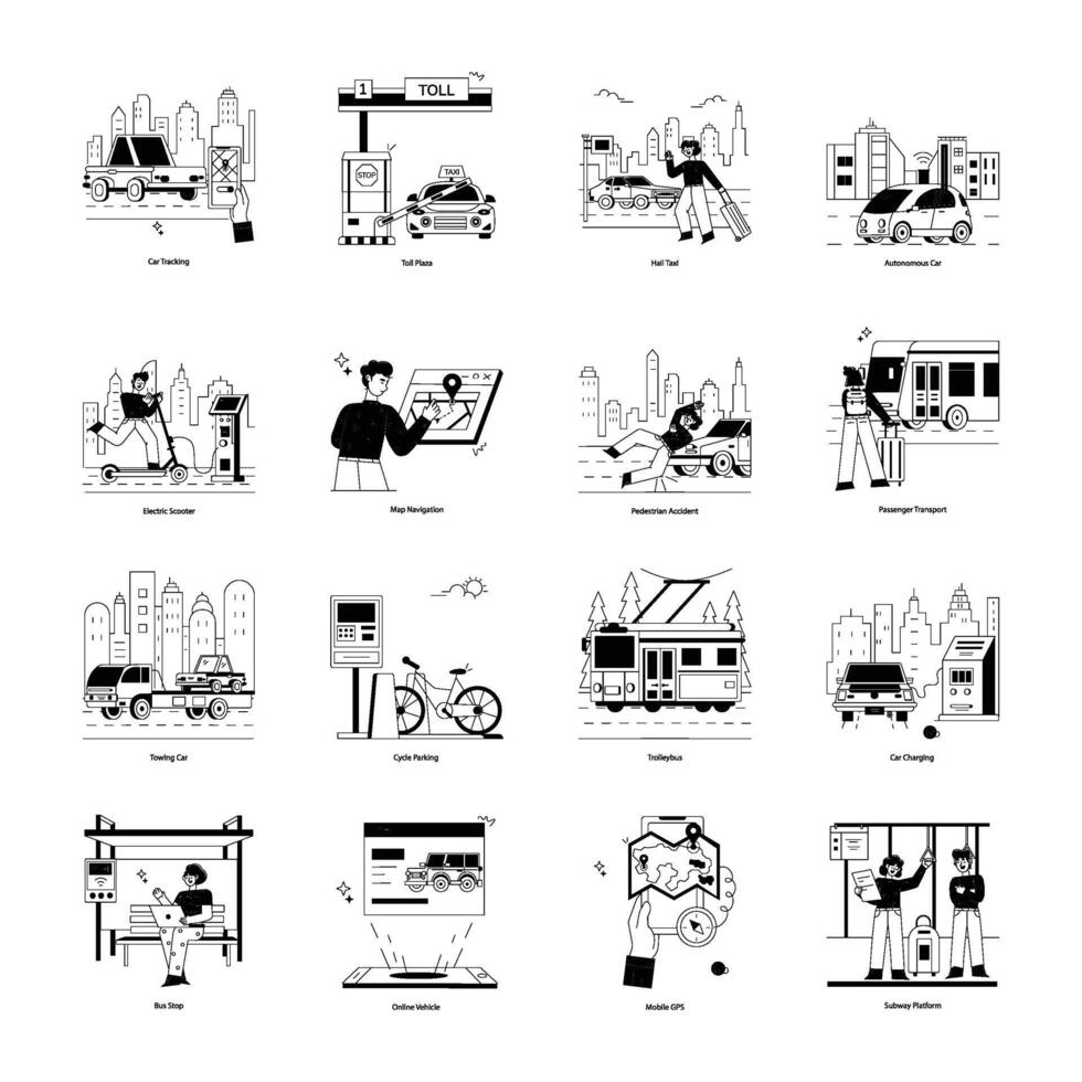 Latest Collection of 16 Public Transportation Glyph Illustrations vector