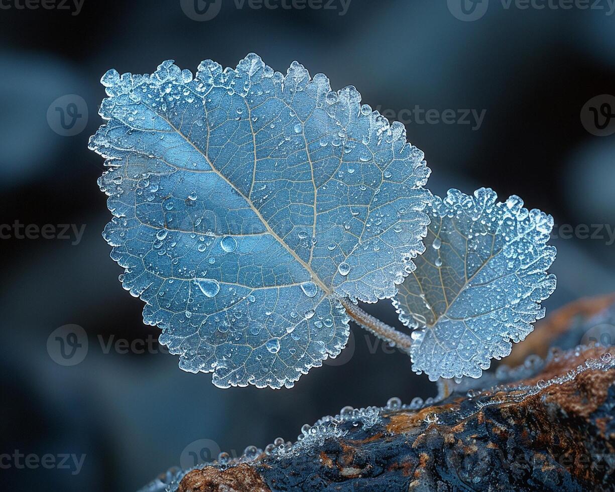 Frost patterns on a leaf in early morning photo