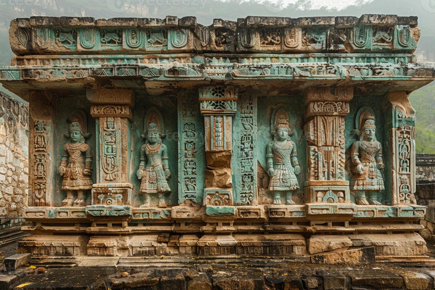 Fading murals on an ancient temple wall photo