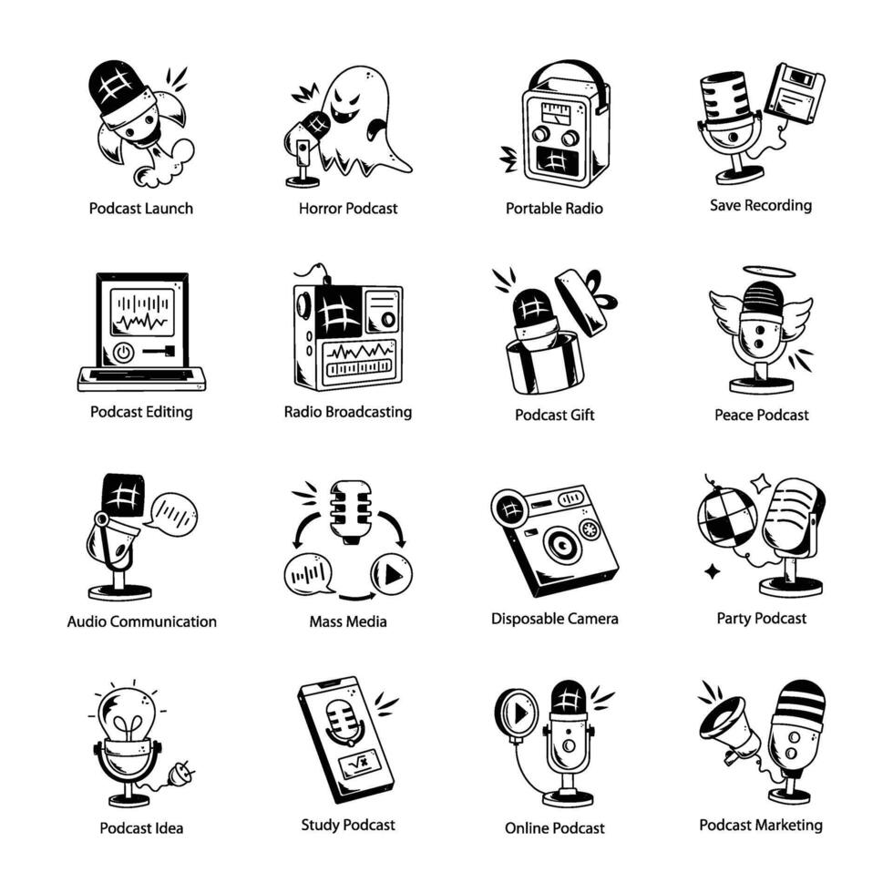 Bundle of Podcast Recording Doodle Icons vector