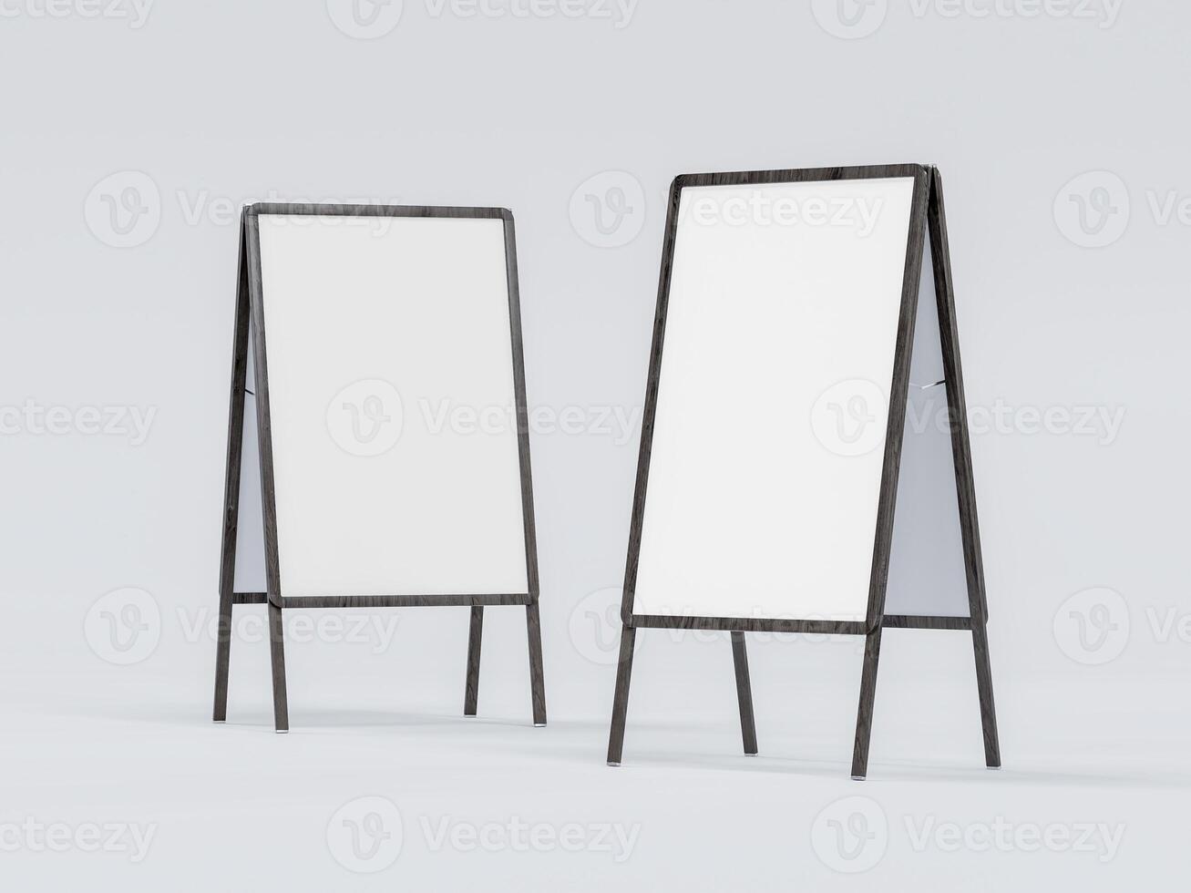 Blank chalk board street stand mockup. Isolated pavement menu rack with material frame template for cafe or restaurant welcome easel. 3D rendering photo