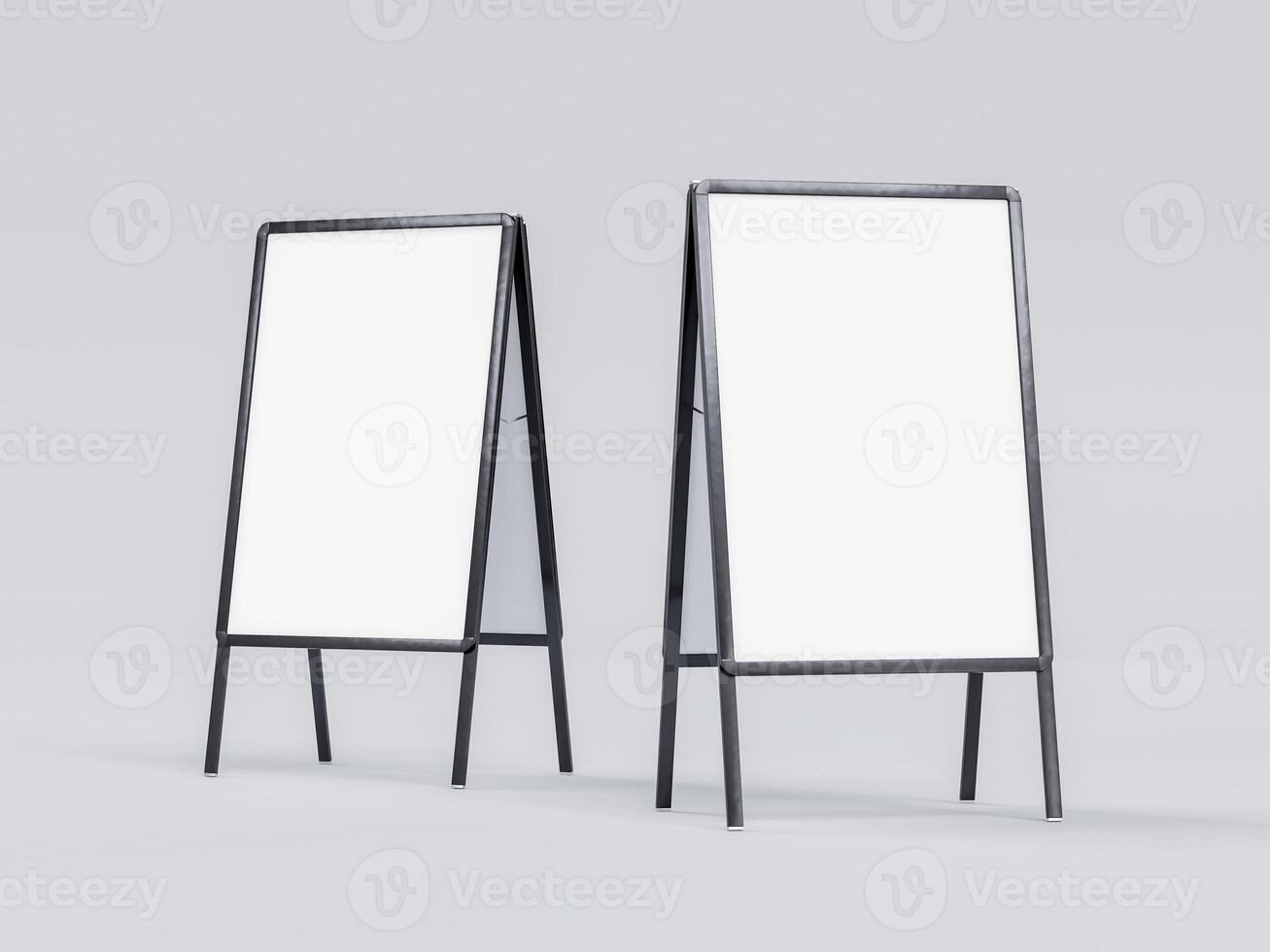 Blank chalk board street stand mockup. Isolated pavement menu rack with material frame template for cafe or restaurant welcome easel. 3D rendering photo