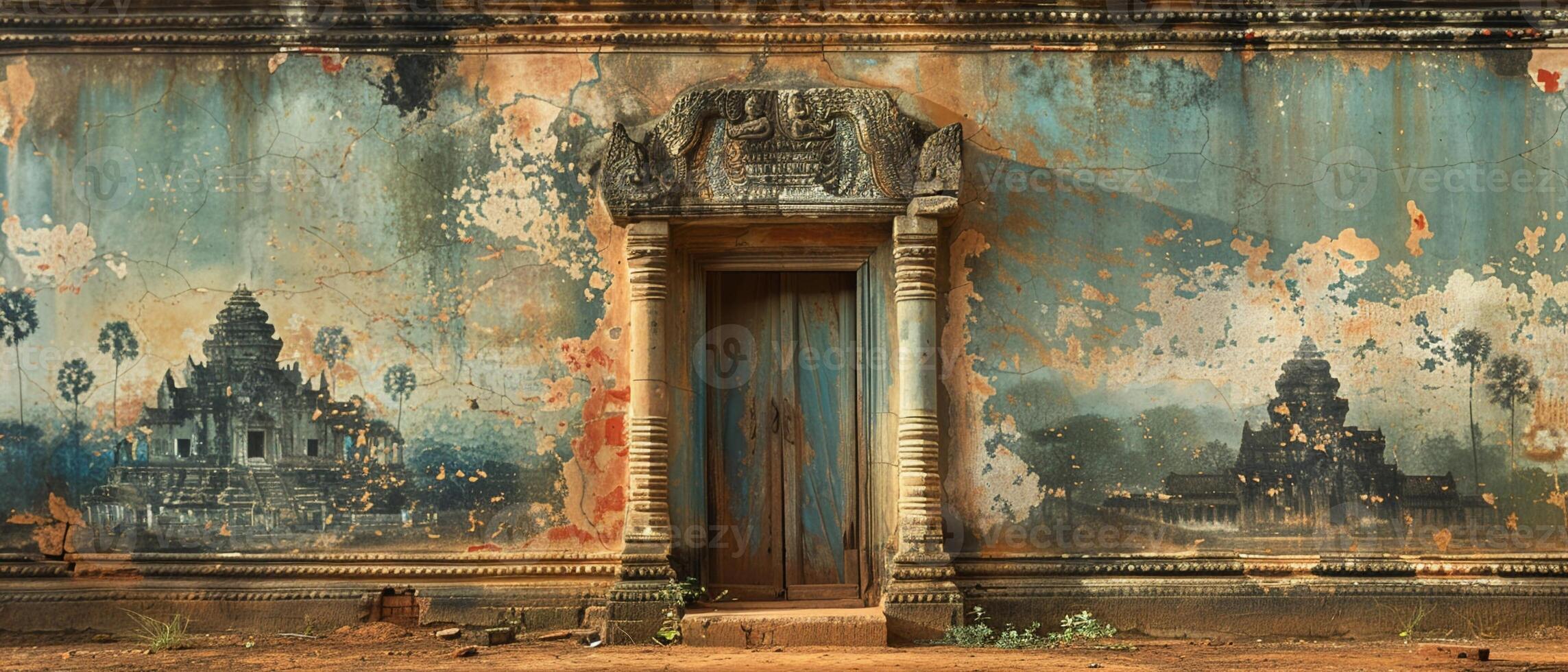 Fading murals on an ancient temple wall photo