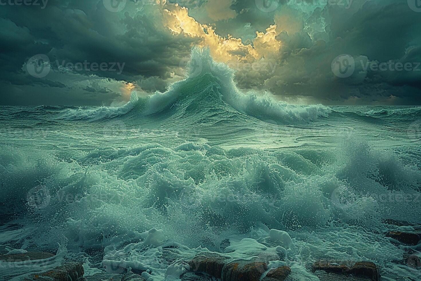 Crashing waves on a rocky coastline under a stormy sky photo