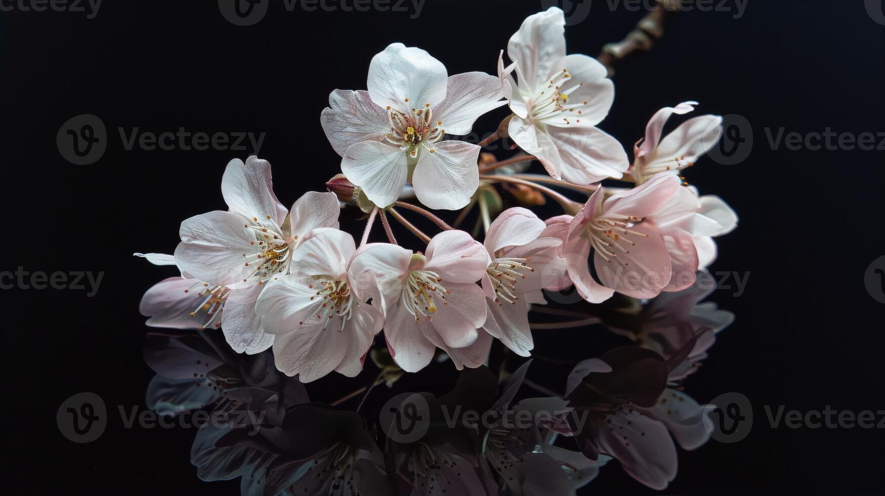 Delicate white and pink cherry blossoms against a black background, with reflection, in a minimalist style, conveying a sense of purity, beauty, and tranquility. photo