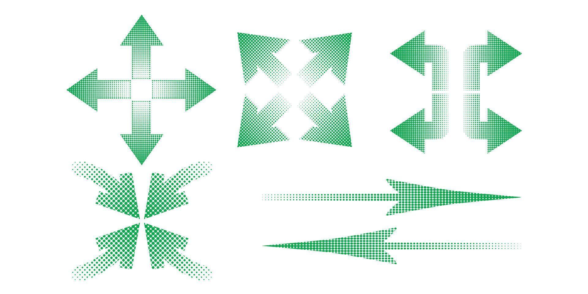 Set of halftone arrow dotted pointer direction. Dotted halftone arrow in green color. vector