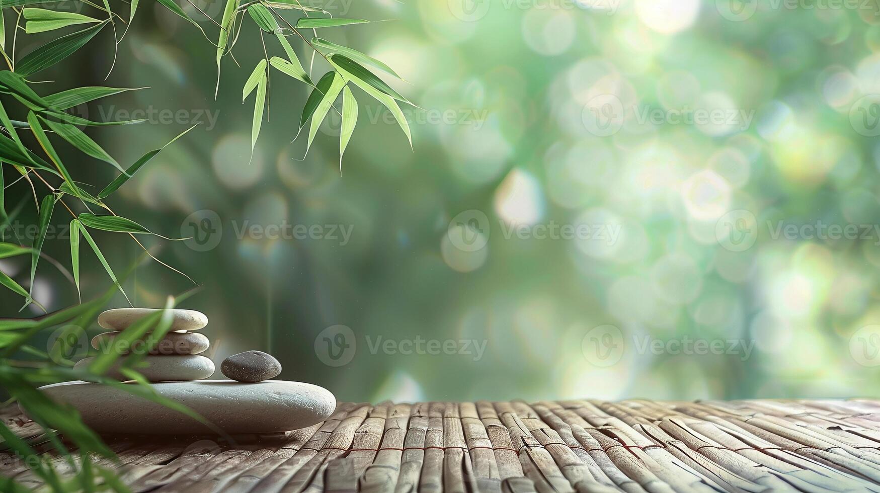 Serenity in nature with stacked stones, bamboo leaves, and soft bokeh, perfect for spa, meditation, and calm backgrounds photo