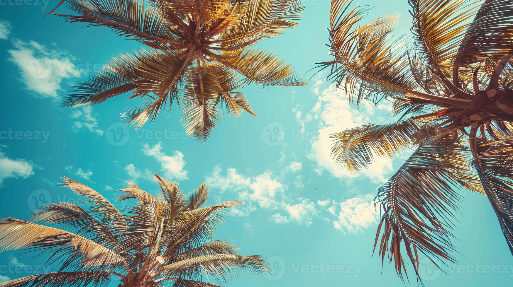 Retro summer scene with lush palm trees and a clear blue sky, perfect for lifestyle, travel, and tropical decor photo