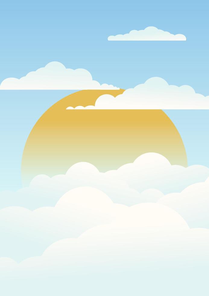 Morning sun among clouds illustration poster. Childish art cloudscape. vector