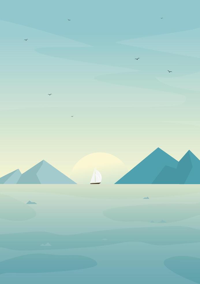 Morning landscape with sea and vessel illustration. Seaside with mountains. Scandinavian fjord vector