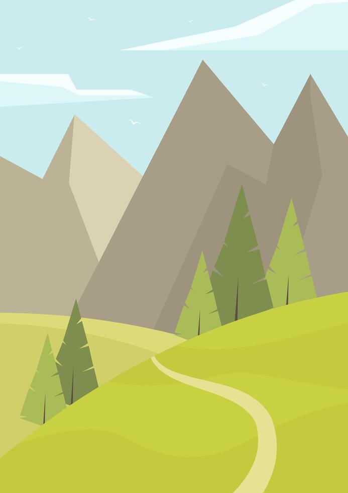 Rural landscape scene with spring meadow, mountains with clouds. Alpine fields in flat cartoon style vector