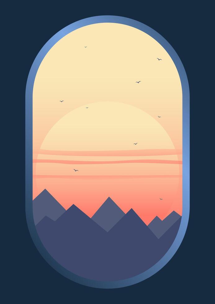 Mountains aerial view with peaks and sunset illustration poster. Minimalist gradient red sunrise wall decor. vector