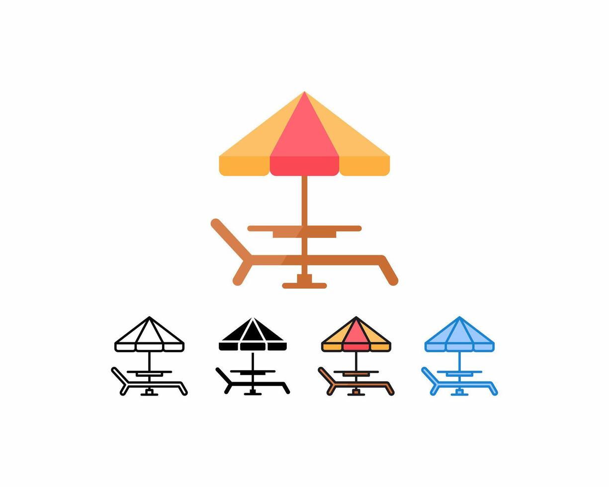 Beach chair with icon set of 5 different umbrella styles. Line, glyph, blue, outline, and flat contain colorful versions. Perfect for web design and more vector