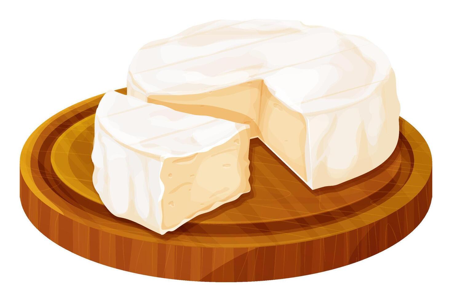 Camembert cheese, brie french soft creamy food on wooden tray isolated on white background. vector