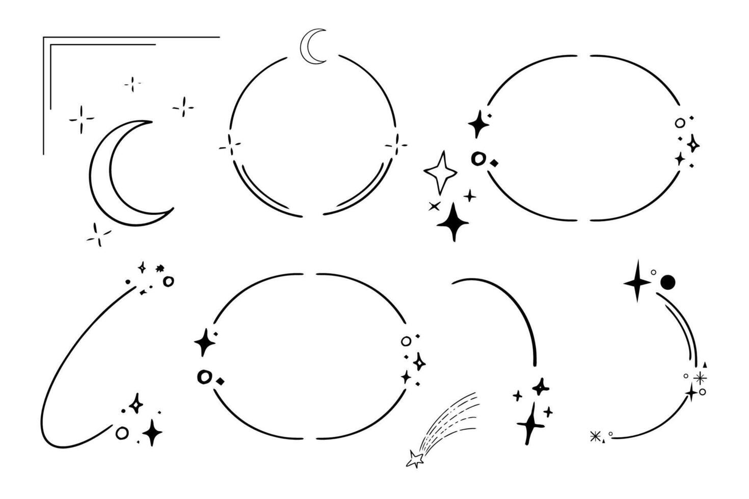 Set star sparkle silhouette celestial line frames abstract shape borders isolated on white background. Collection futuristic dividers hipster design elements vector