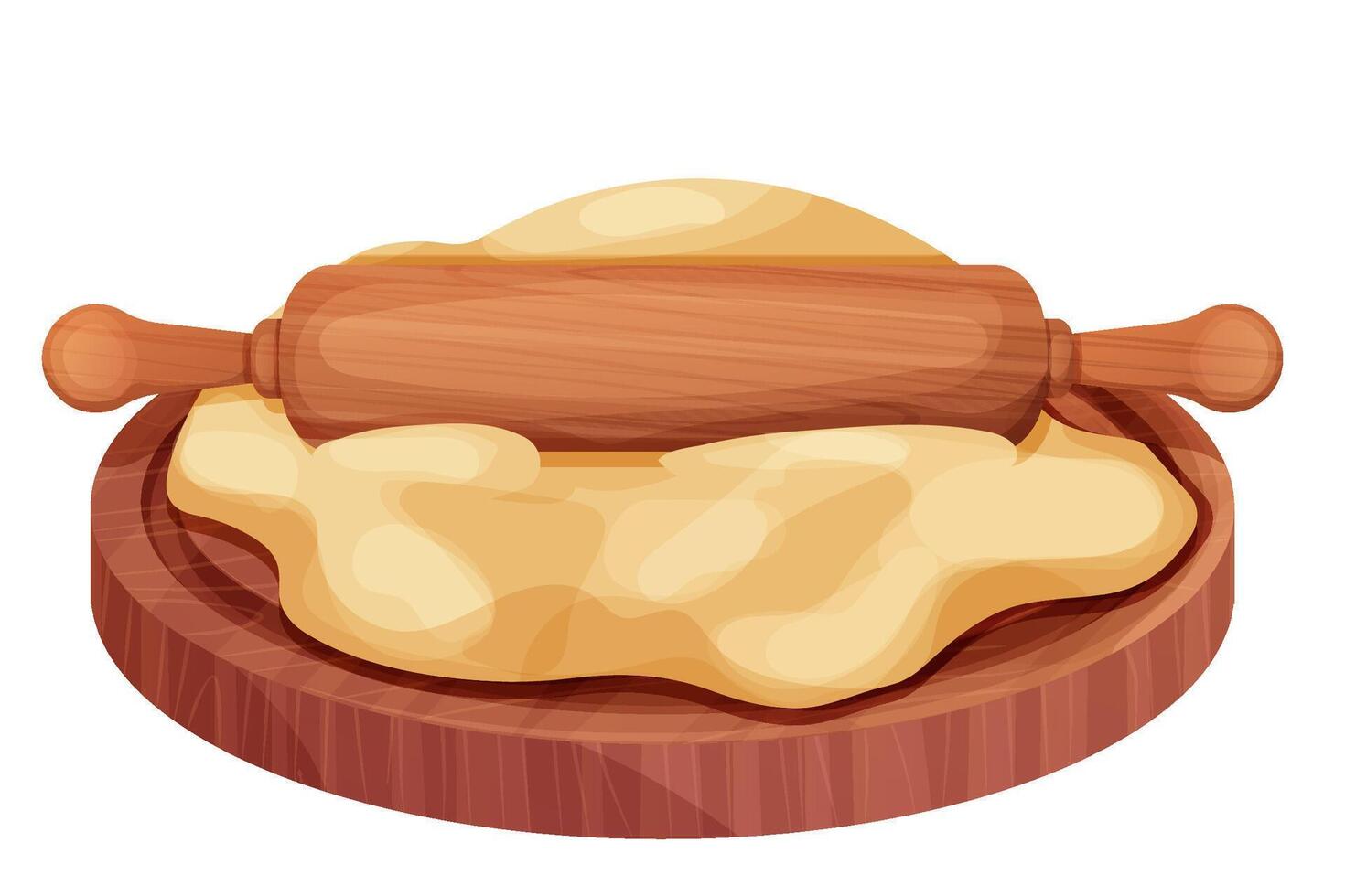 Wooden rolling pin with dough and flour handle culinary equipment on round wooden board in cartoon style isolated on white background. Wood textured roller, utensil, baker recipe. vector