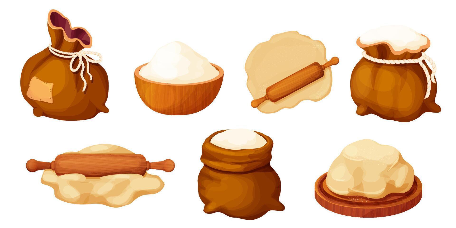 Set sack with flour, wheat powder, open bag with rope, dough with rolling pin and wooden bowl with powder in cartoon style farm harvest isolated on white background. Packaging vector
