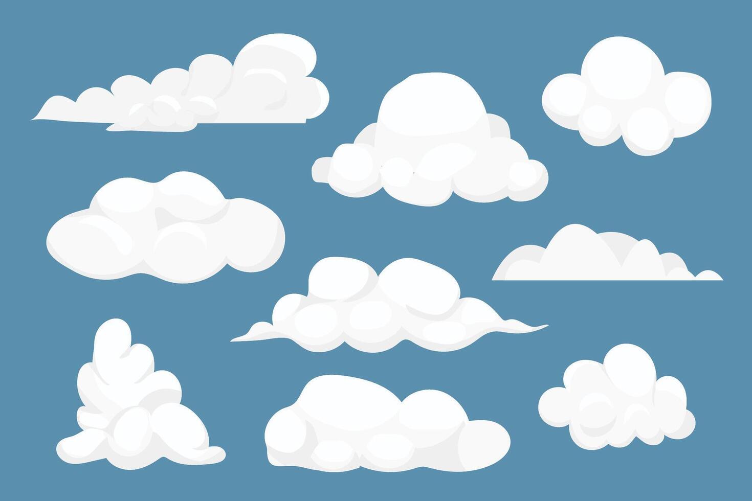 Set fluffy clouds simple cute design isolated on blue background. Collection weather soft object, design element. vector