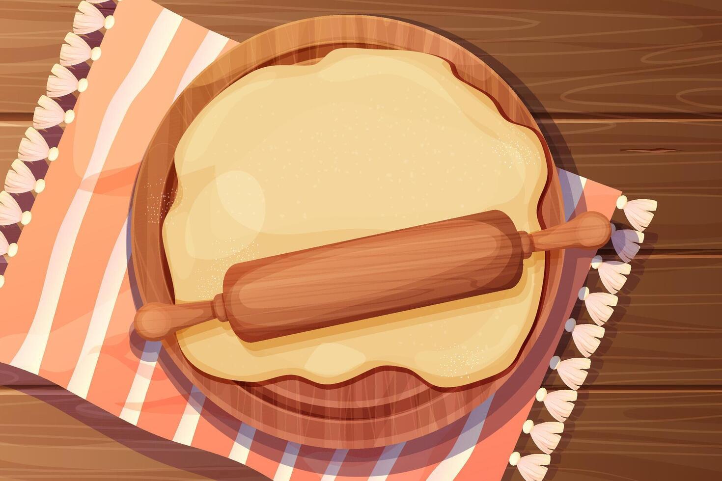 Wooden rolling pin with round dough and flour handle culinary equipment on wood table top view . Wood textured roller, utensil, baker recipe. vector
