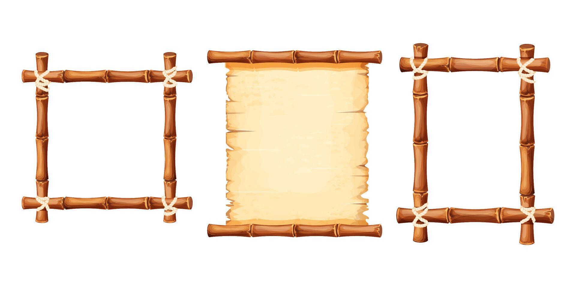 Set Bamboo frames with old parchment paper decorated with rope in cartoon style isolated on white background. Game ui board, sign vector