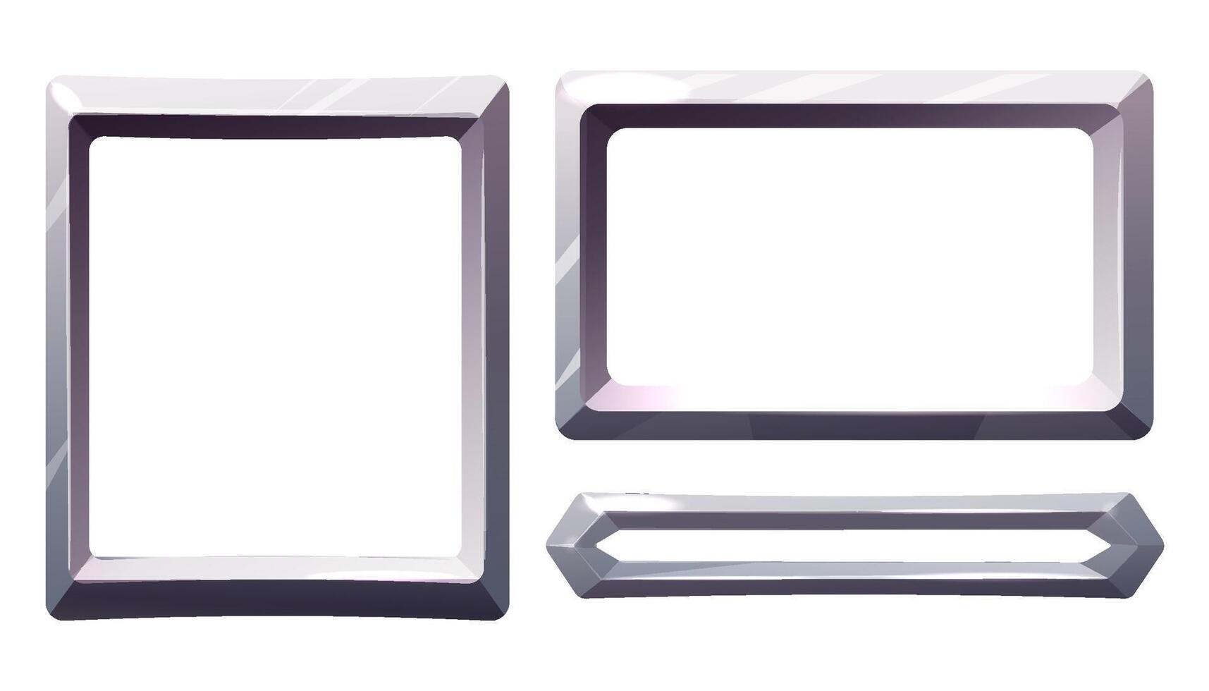 Metal steel frame, iron panel, silver game menu, border in cartoon style silver color isolated on white background. Board template. vector
