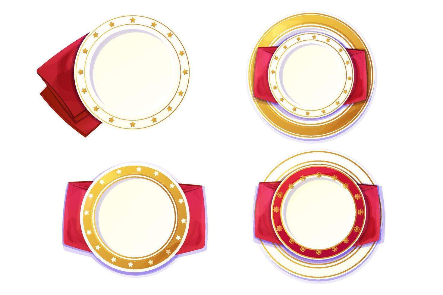 Set Holiday plate, bright empty dish top view with golden stars, border ornament Christmas decoration, festive napkin isolated on white background. vector